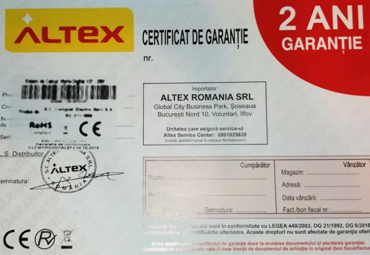 certificat de garantie Altex